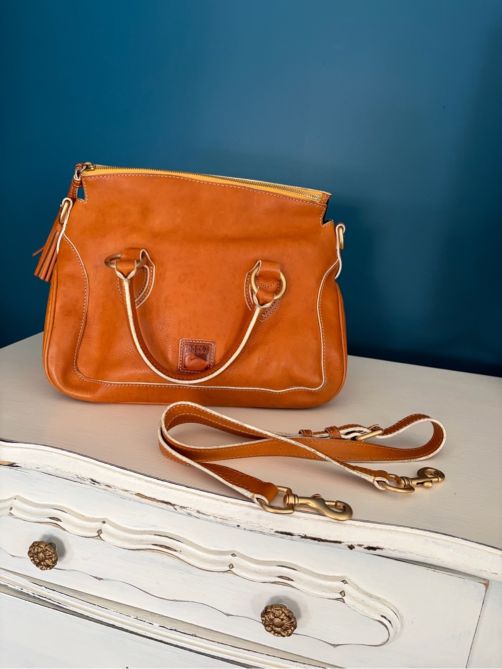 Dooney & Bourke Cognac Leather Satchel with Detachable Strap
